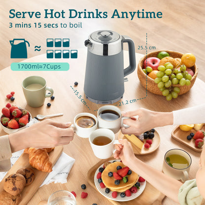 1.7L 3000W Rapid Boil Kettle and 4 Slice Toaster Set Crumb Tray Grey