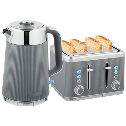 1.7L 3000W Rapid Boil Kettle and 4 Slice Toaster Set Crumb Tray Grey