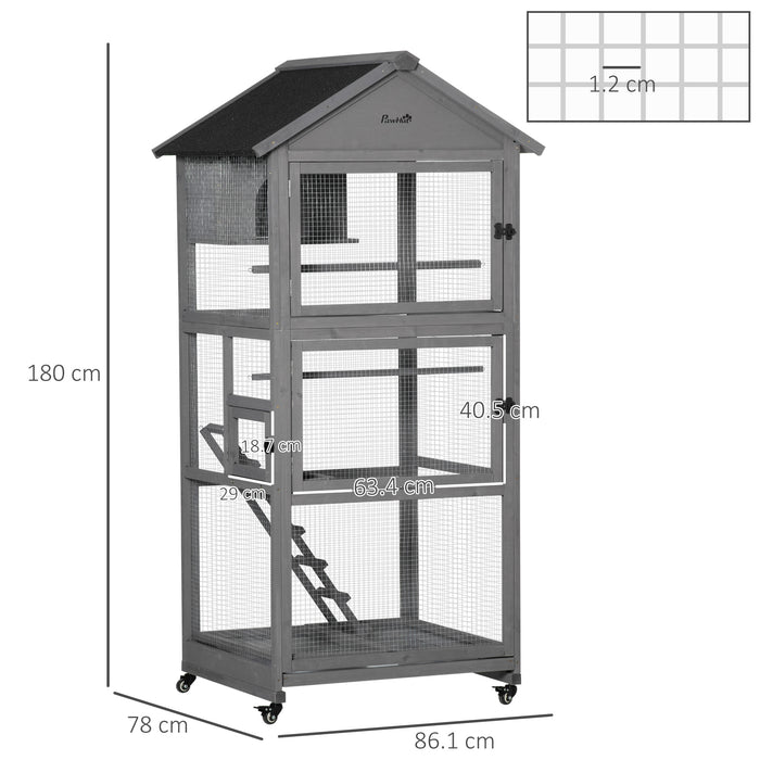 Bird Cage Mobile Wooden Aviary House for Canary Cockatiel Parrot with Wheel Perch Nest Ladder Slide-out Tray 86 x 78 x 180cm Grey