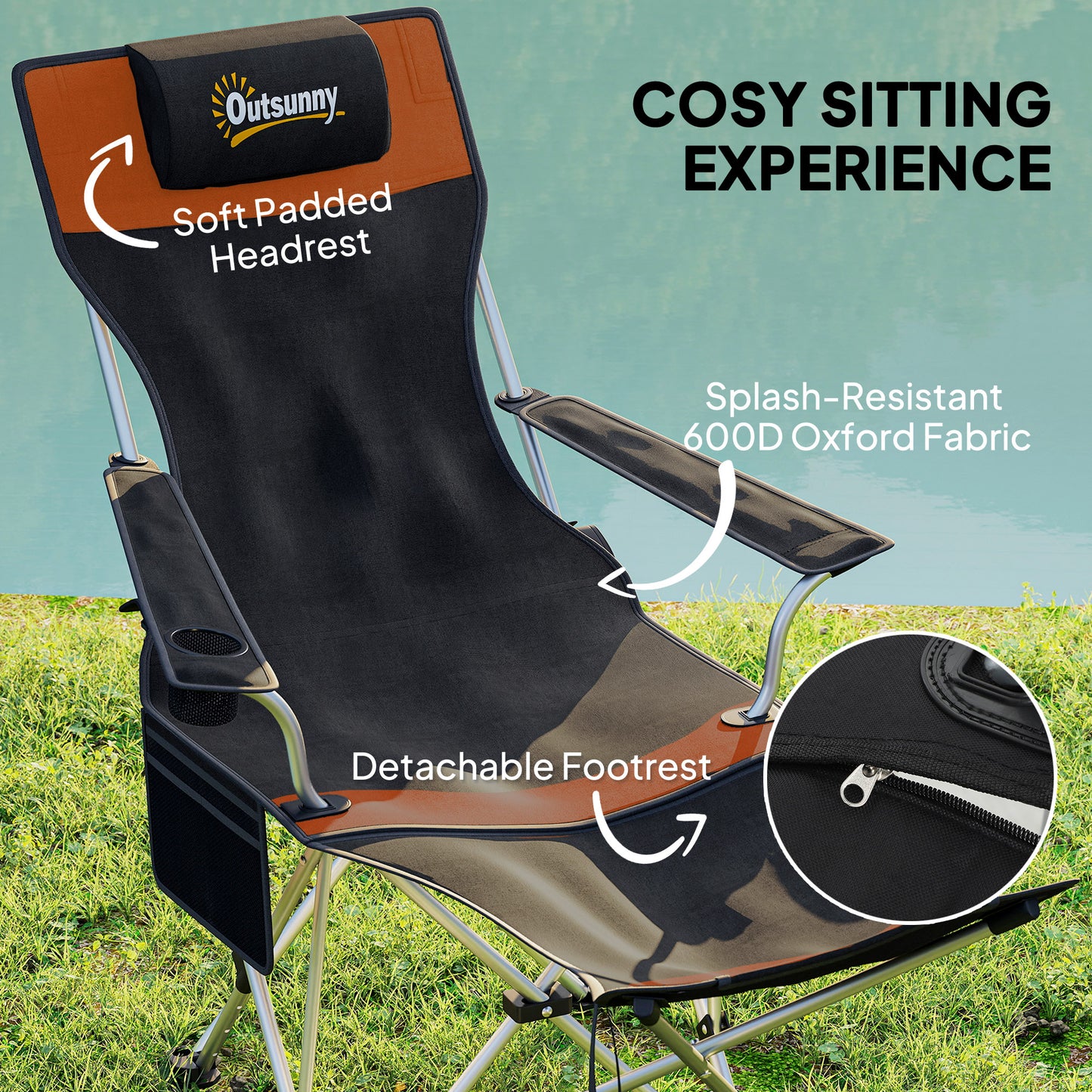 Set of 2 Reclining Camping Chairs, Orange and Black