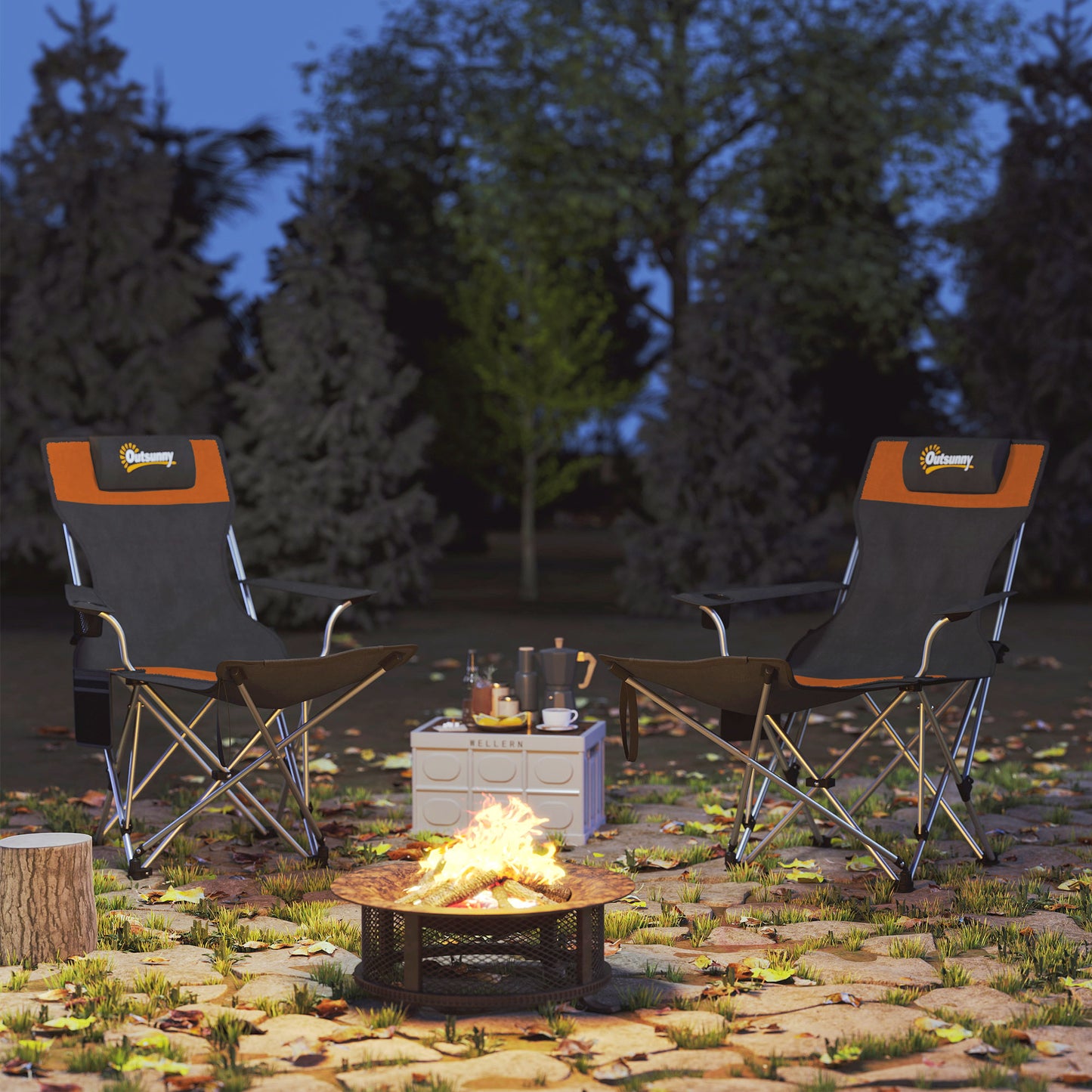 Set of 2 Reclining Camping Chairs, Orange and Black