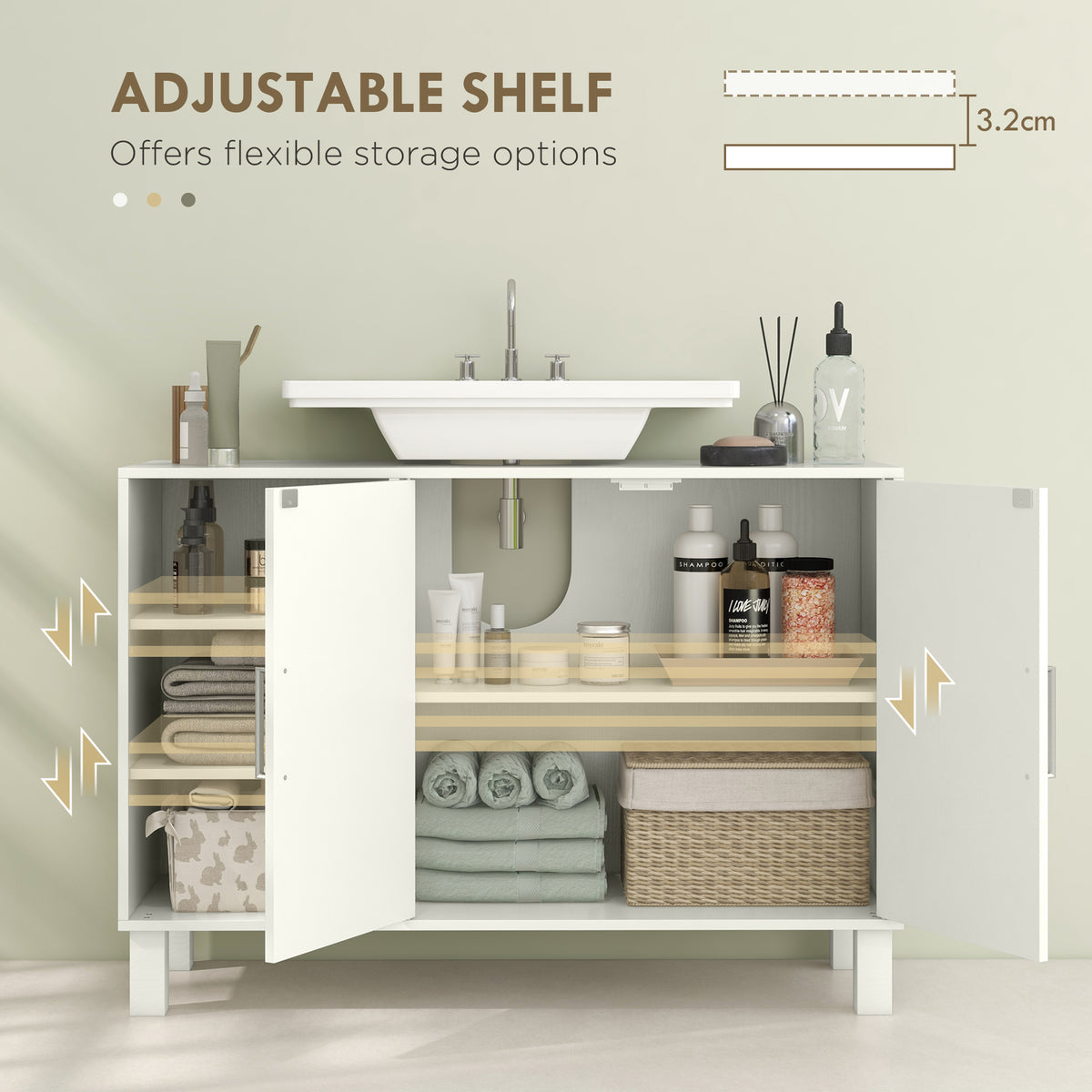 Under-Sink Bathroom Cabinet with Open Shelves and Cupboard - Cream