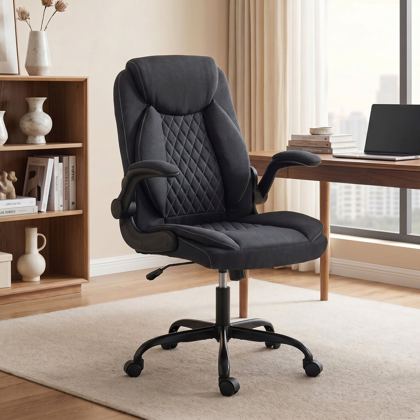 Linen-Look Computer Desk Chair with Thick Cushion, Black