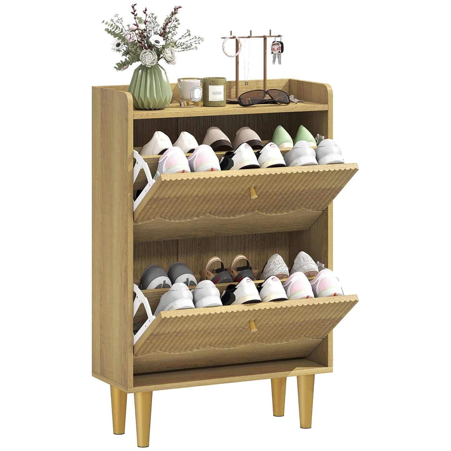 Narrow Shoe Cabinet, Shoe Storage Cabinet with 2 Flip Drawers, Oak