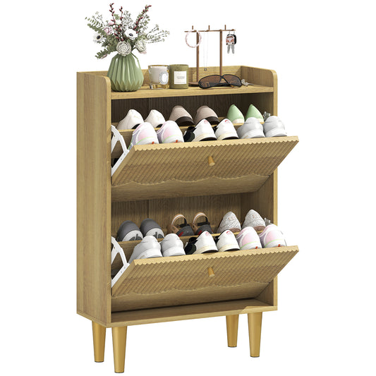 Narrow Shoe Cabinet, Shoe Storage Cabinet with 2 Flip Drawers, Oak