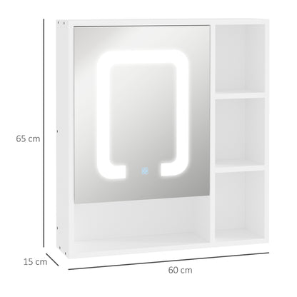 kleankin LED Illuminated Bathroom Mirror Cabinet, Wall-mounted Storage Organizer with Four Open Shelves, Dimmable Touch Switch, White