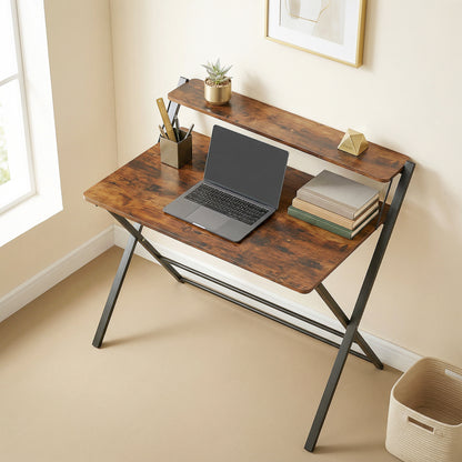 Folding Desk with 2-Tier Shelf for Home Office, Rustic Brown