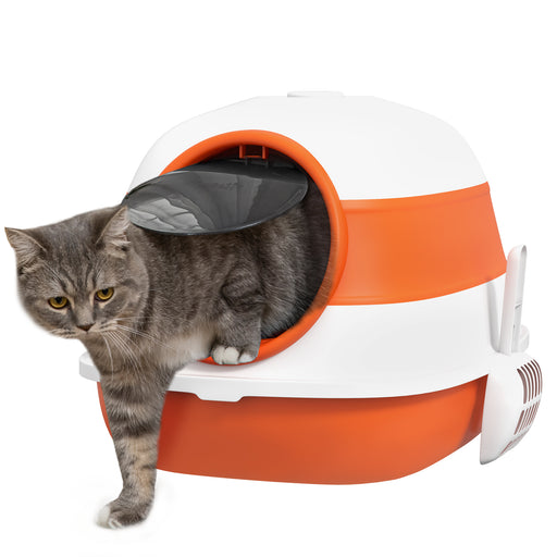Foldable Cat Litter Tray Hooded Cat Litter Box w/ High Side, Orange