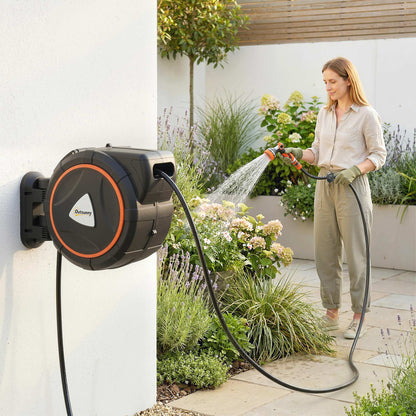 Retractable Hose Reel Wall Mounted, 23+2m Garden Hose Pipe Reel with Auto Retraction, Self-Locking, Slow Return System, 180° Swivel Bracket, 12-Pattern Nozzles and Faucet Adaptor, Orange