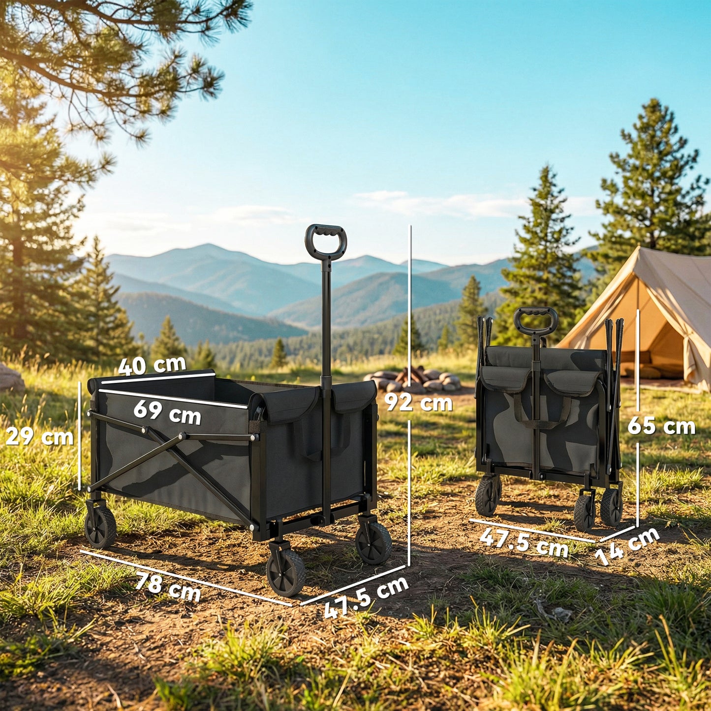 81L Festival Trolley on Wheels, Garden Folding Trolley Cart, Black