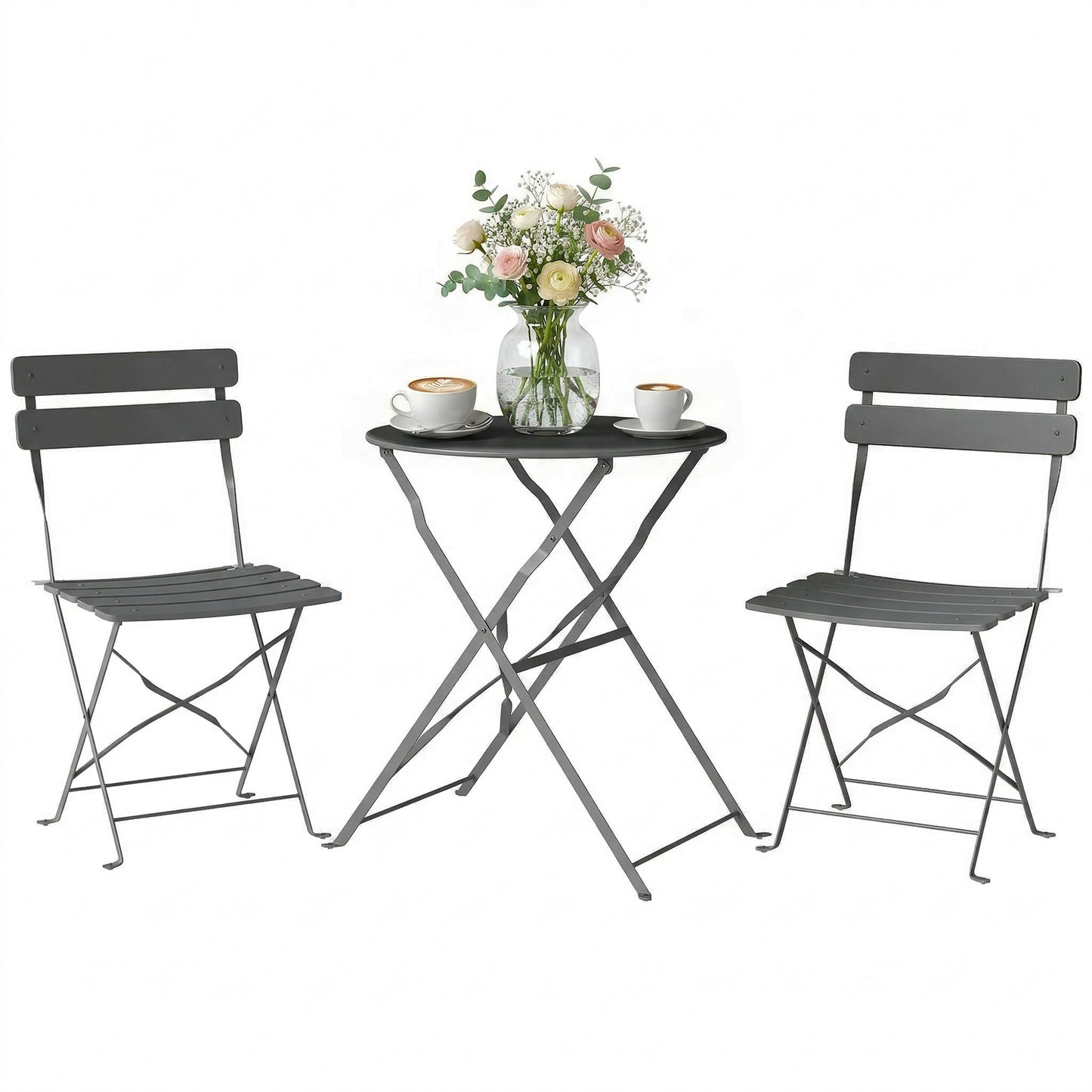 Folding Bistro Set with Round Garden Table and Chairs, Grey