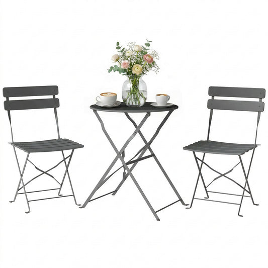 Folding Bistro Set with Round Garden Table and Chairs, Grey