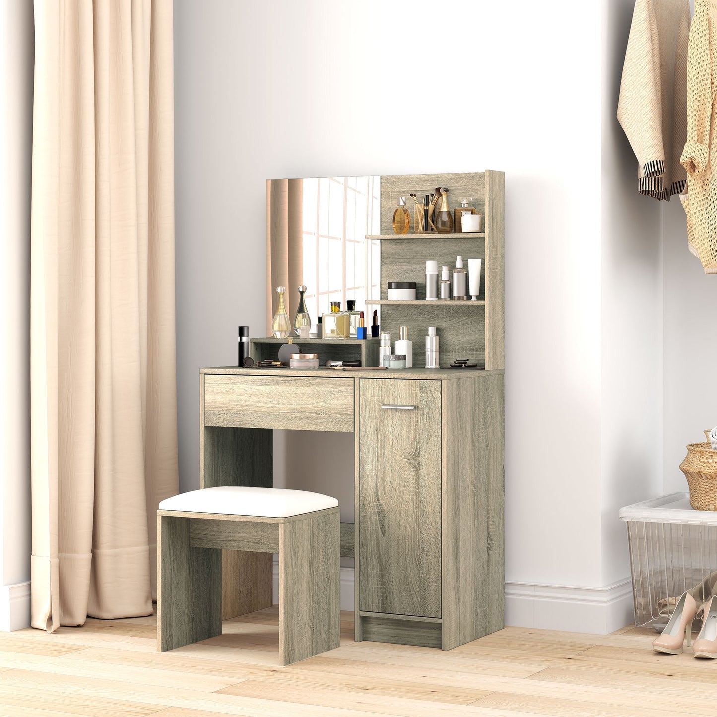 Dressing Table with Mirror and Stool, Makeup Desk for Bedroom