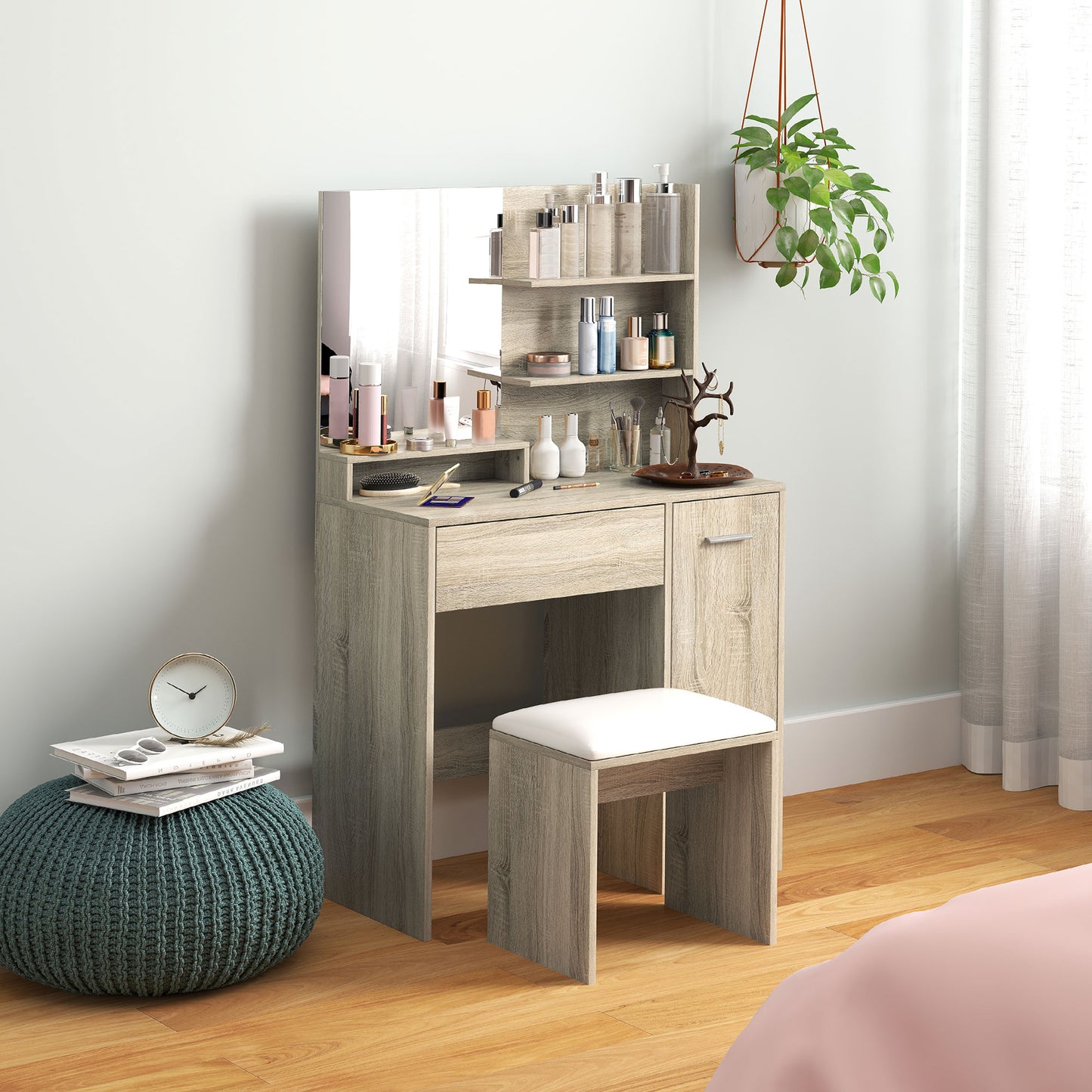 Dressing Table with Mirror and Stool, Makeup Desk for Bedroom