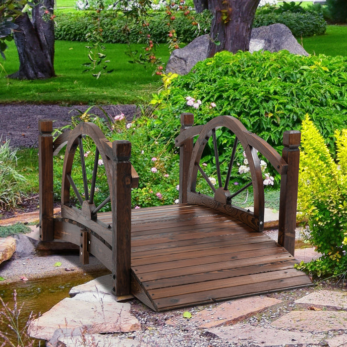 Wooden Garden Bridge Decorative Arc Footbridge with Safety Guardrail Outdoor Lawn Pond Bridge Walkway Stained Wood