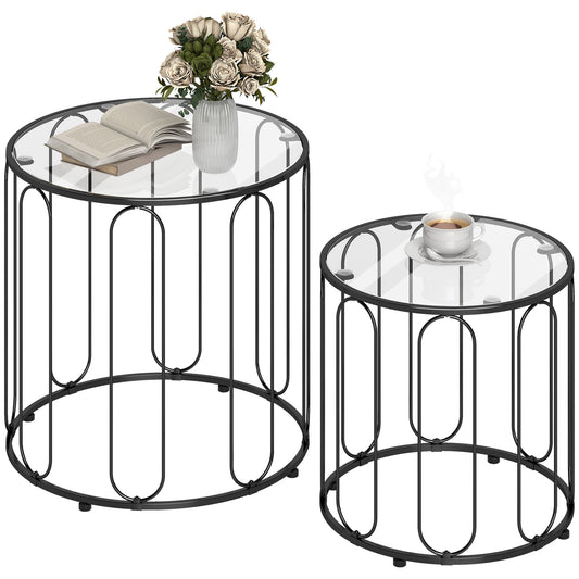 Coffee Table Set of 2, Nest of Tables with Metal Frame, Black