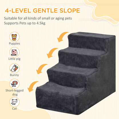 Four-Step Portable Dog Stairs with Washable Plush Cover, Dark Grey
