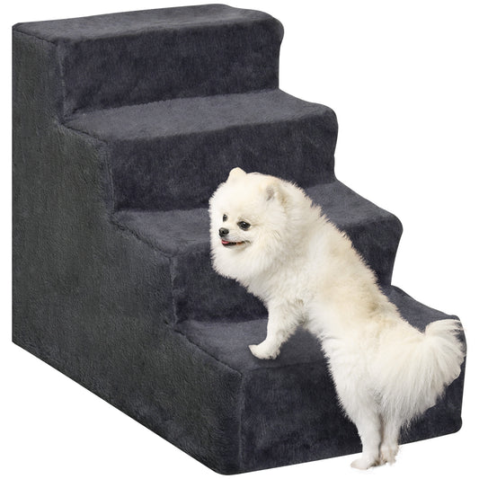 Four-Step Portable Dog Stairs with Washable Plush Cover, Dark Grey