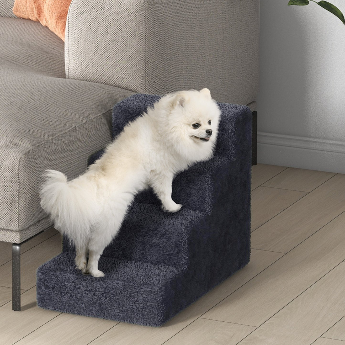 Four-Step Portable Dog Stairs with Washable Plush Cover, Dark Grey