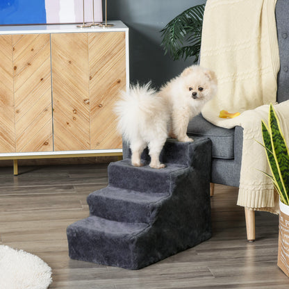 Four-Step Portable Dog Stairs with Washable Plush Cover, Dark Grey