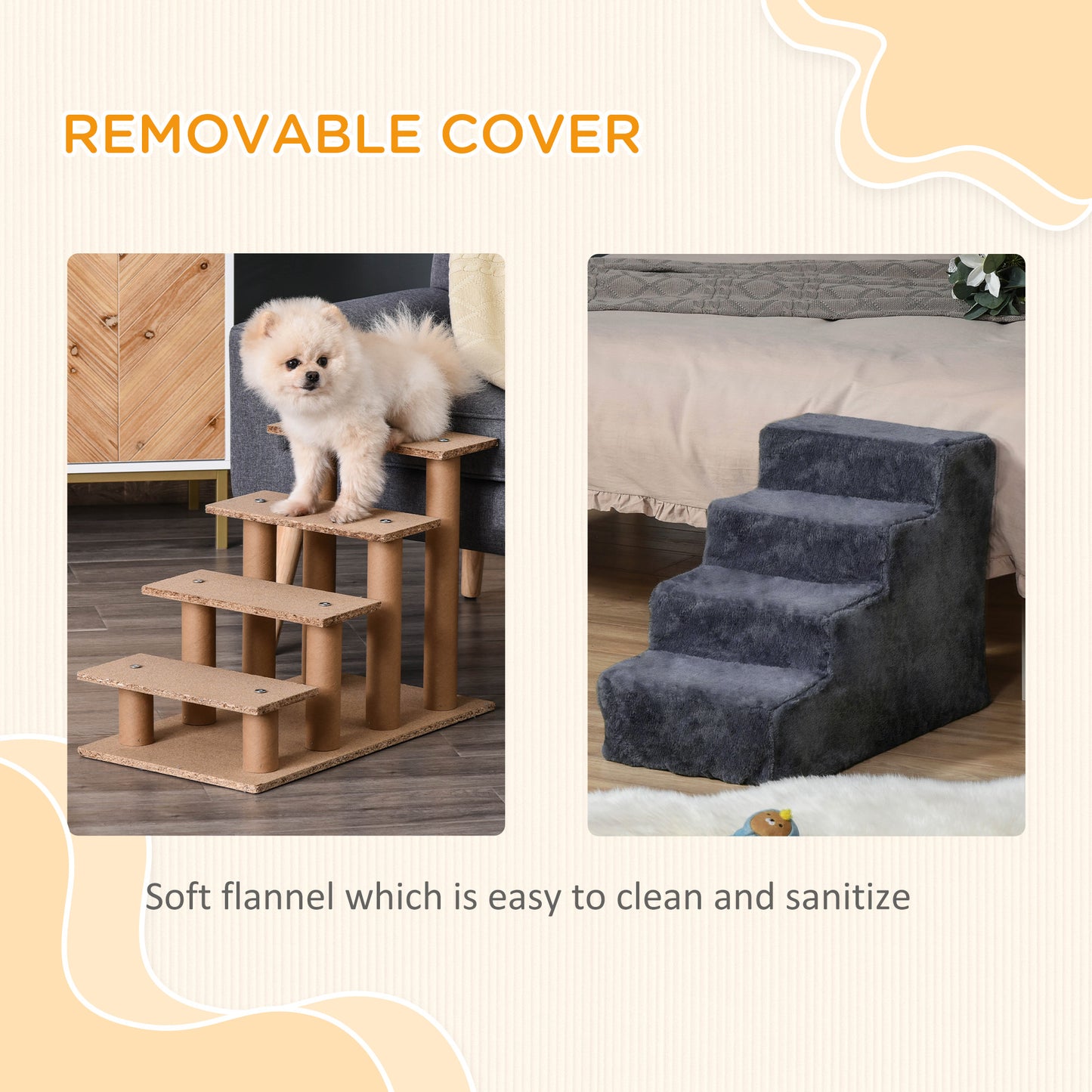 Four-Step Portable Dog Stairs with Washable Plush Cover, Dark Grey
