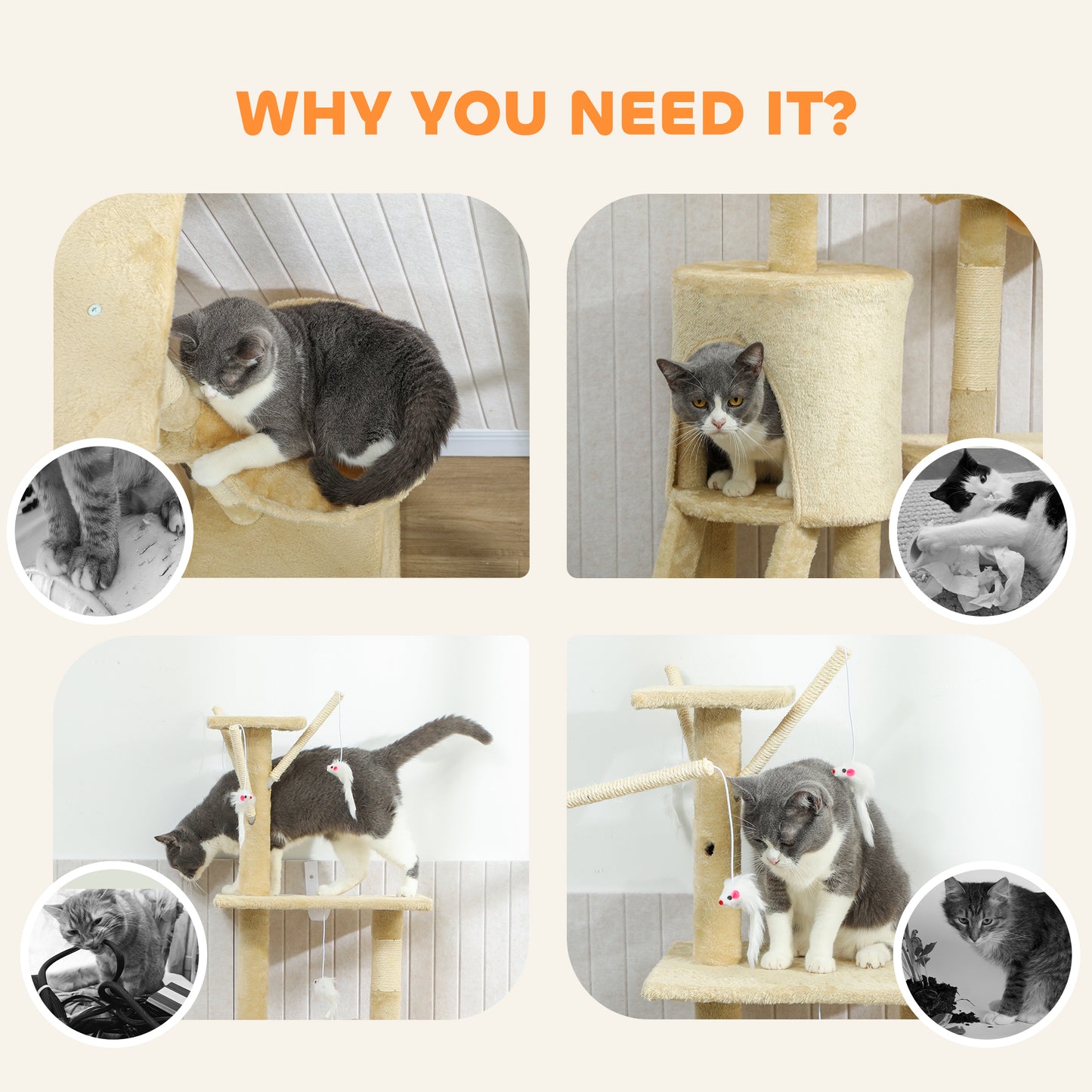 Cat Tree for Indoor Cats, 134cm Scratching Post Climbing Tower, Beige