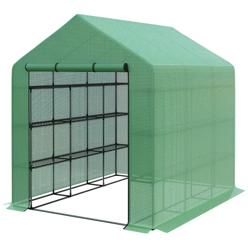Walk-in Greenhouse with 4 Tier 24 Shelves, Portable Grow House with Roll-up Door, 244 x 180 x 210cm, Green