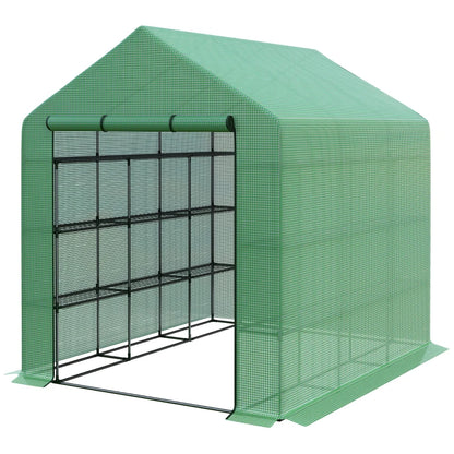 Walk-in Greenhouse with 4 Tier 24 Shelves, Portable Grow House with Roll-up Door, 244 x 180 x 210cm, Green