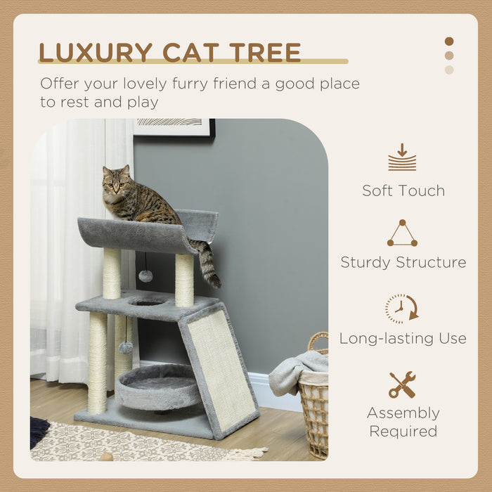 Cat Tree Tower, with Scratching Posts, Pad, Bed, Perch, Toy Ball, Grey