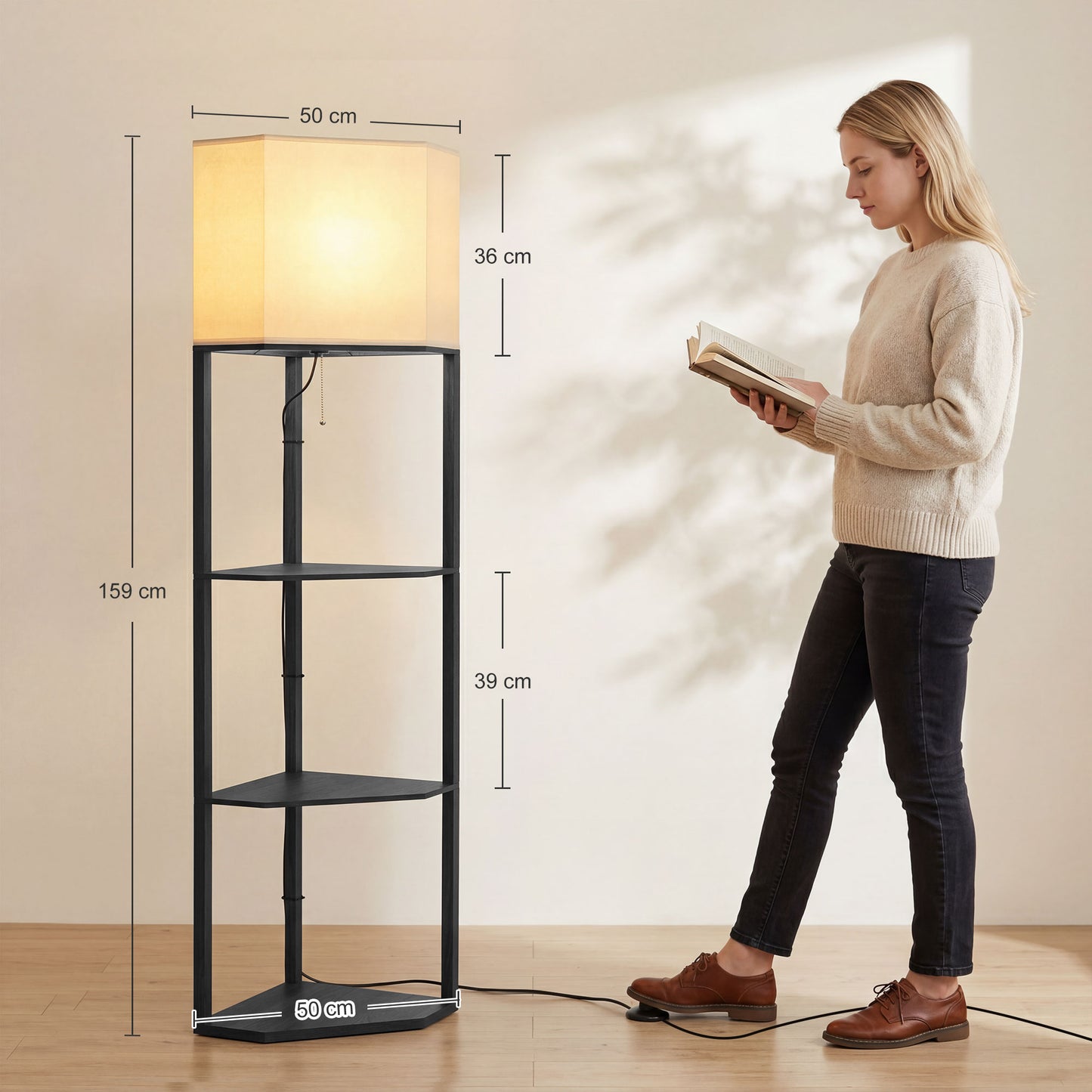 Corner Floor Lamp with Shelves and Lights, Modern Dimmable Standing Lamp with 3000K/4000K/6000K Colour Temperature, Chain Switch & Remote Control for Living Room, Bedroom, Black