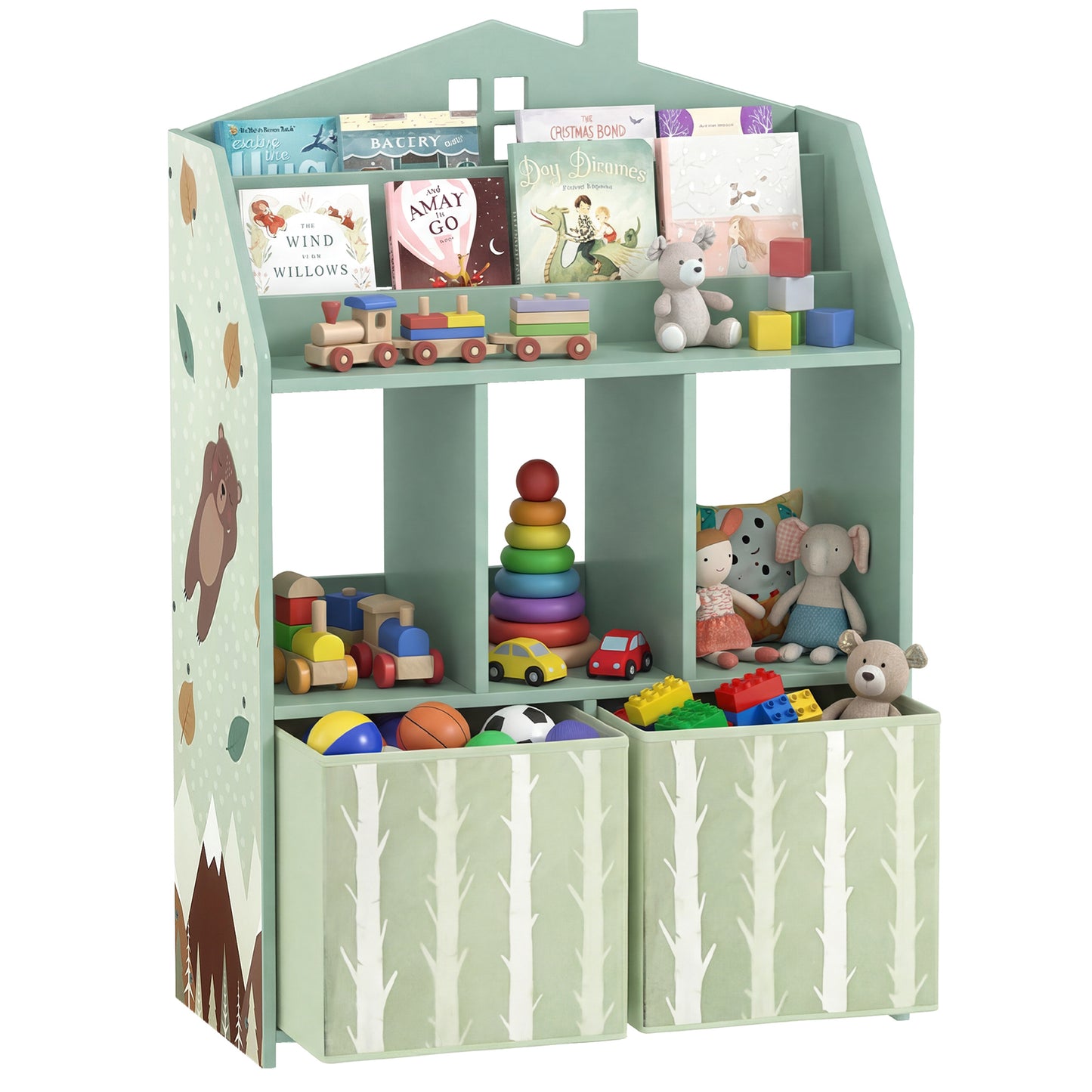 Kids Bookshelf with Storage, Toy Storage Unit for Playroom, Green