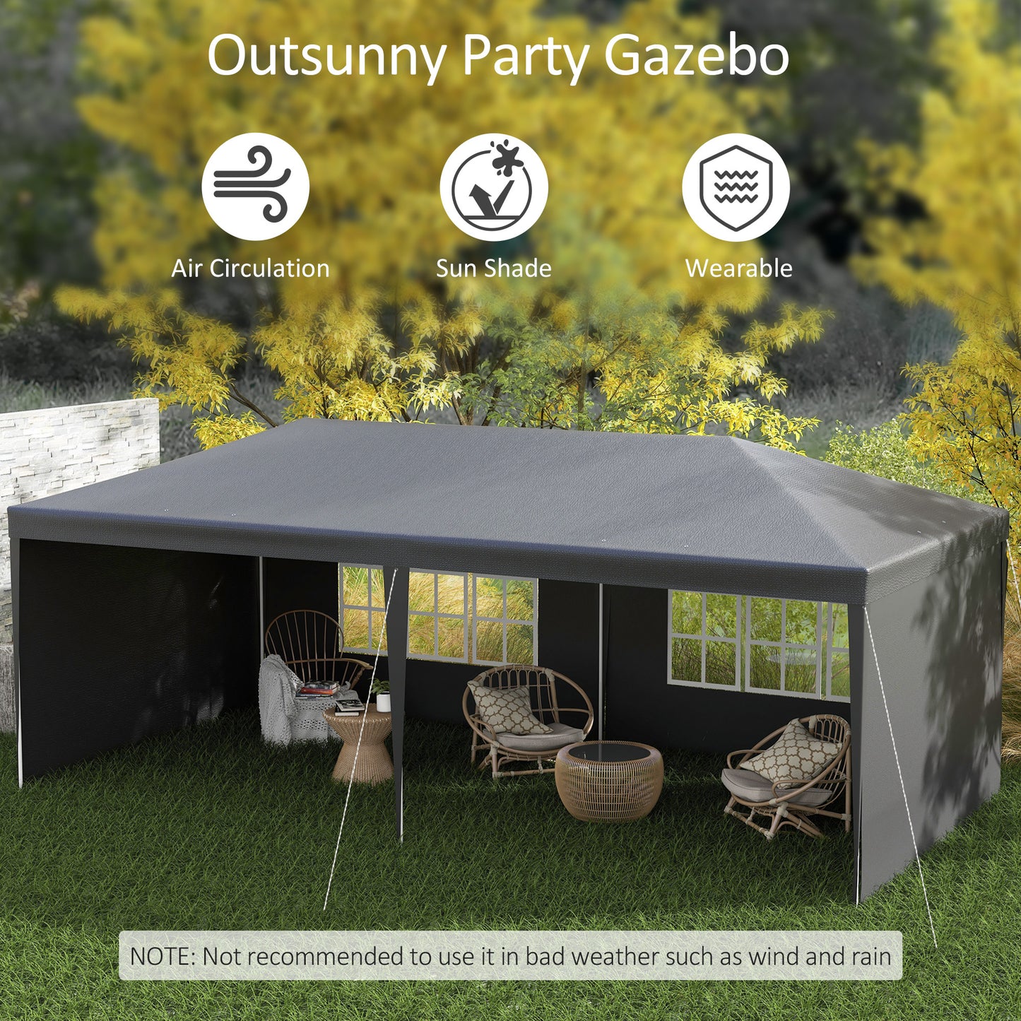 6 x 3 m Party Tent Gazebo Marquee Outdoor Patio Canopy Shelter with Windows and Side Panels, Grey
