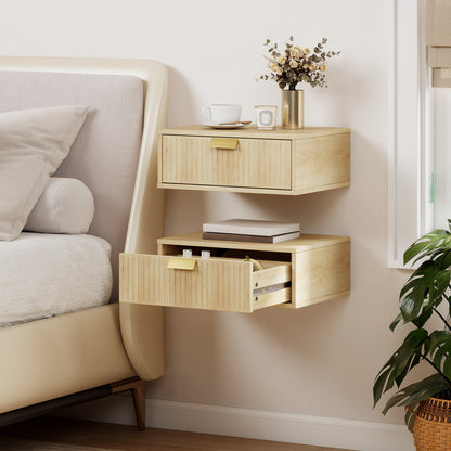 Modern Floating Nightstands Set of 2, Wall Mounted Bedside Tables with Wave Drawer for Bedroom and Living Room, 40W x 30D x 15H cm, Oak
