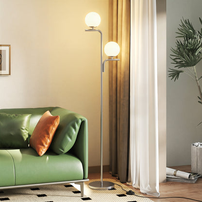 LED Floor Lamp, Modern Standing Lamp with 3 Colour Temperatures, Globe Glass Shades and Foot Switch, for Living Room Bedroom Home Office, Silver Tone