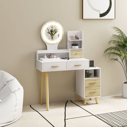 Dressing Table with Mirror, Vanity Table with LED Lights, White