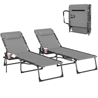 Folding Sun Loungers with 5-Level Back, Cup Holder, Grey