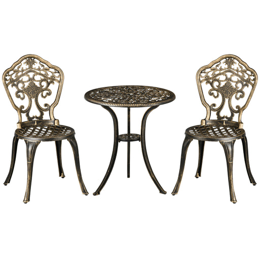 3 Piece Cast Aluminium Garden Bistro Set for 2 with Parasol Hole, Outdoor Coffee Table Set, Two Armless Chairs and Round Coffee Table