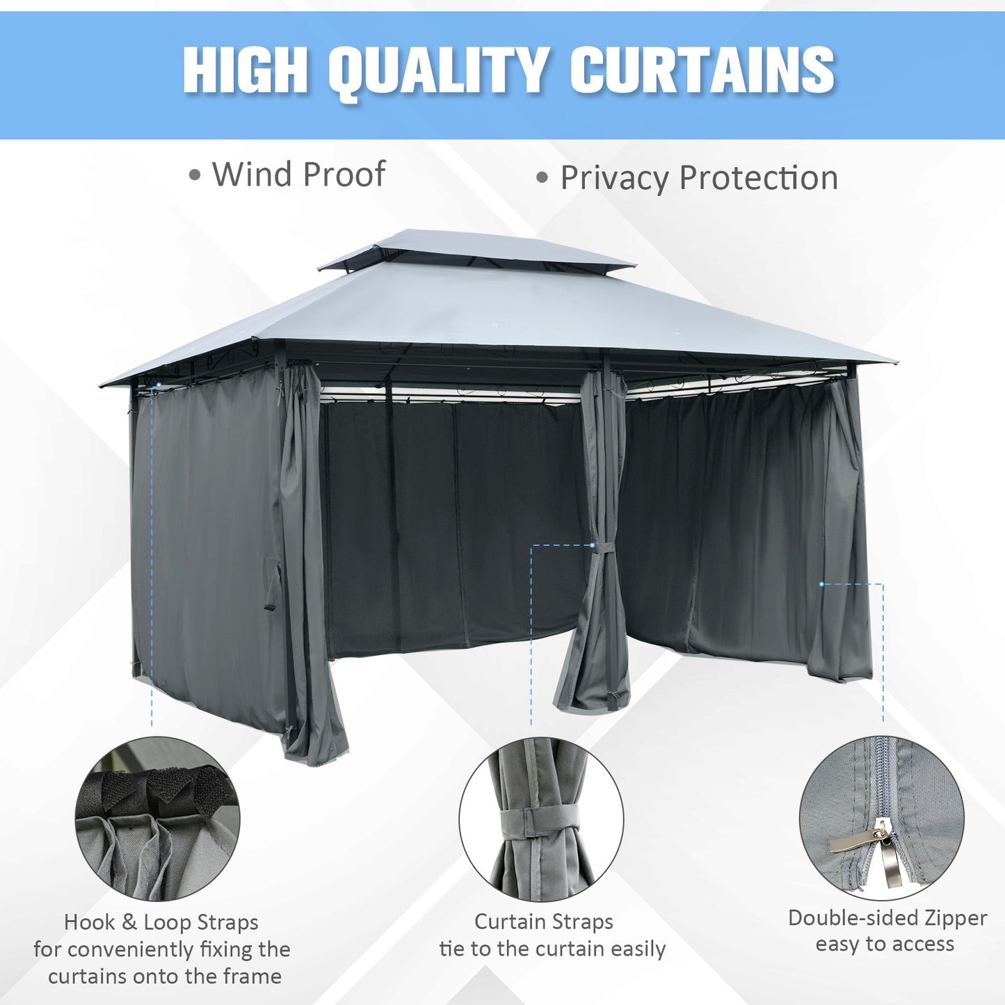 Outsunny 4m x 3(m) Steel Gazebo Canopy Party Tent Garden Pavillion Patio Shelter Pavilion with Curtains Sidewalls Grey