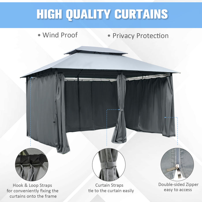 10 x 13ft Outdoor 2-Tier Steel Frame Gazebo with Curtains Outdoor Backyard, Black/Grey