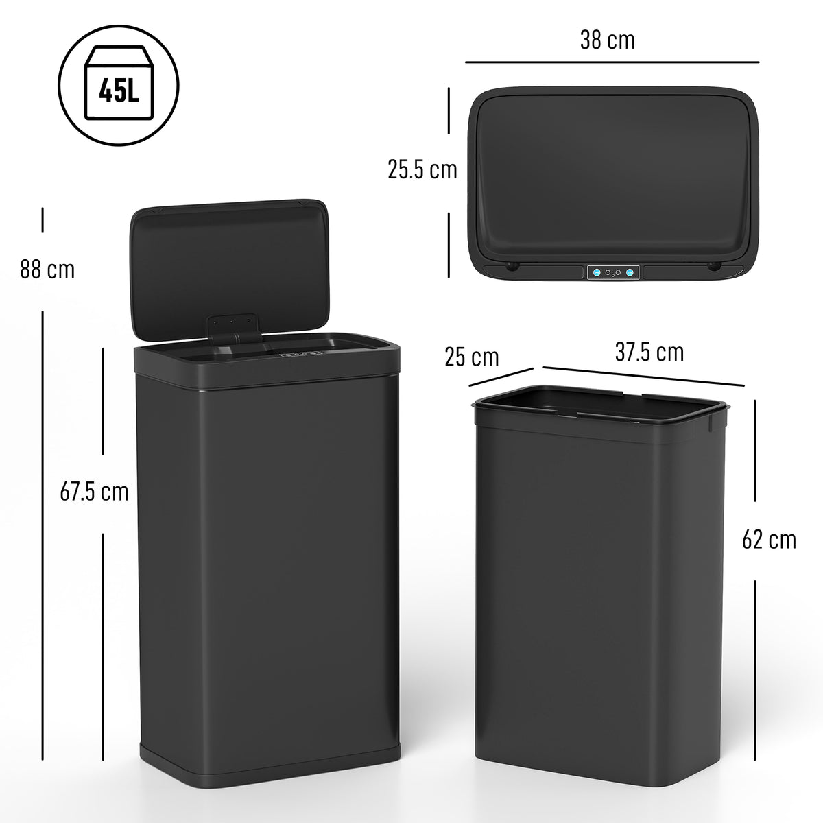 45L Sensor Bin, Metal Kitchen Bin with Automatic Close, Black