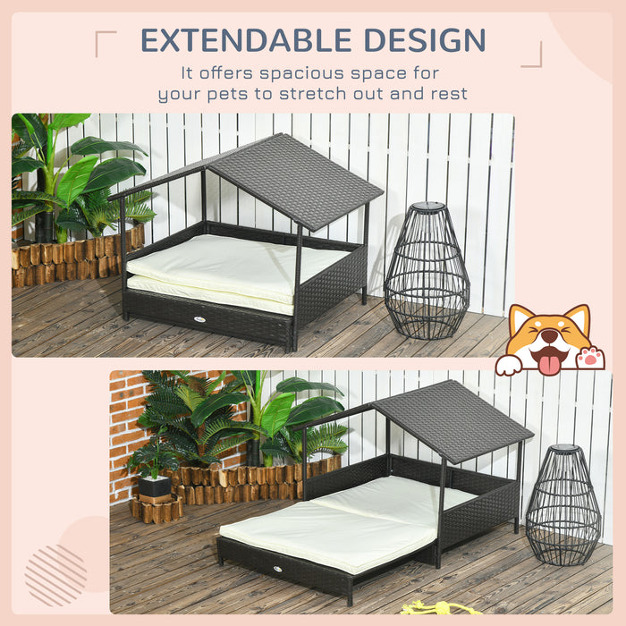Extendable Elevated Dog Bed, Rattan Dog House, with Water-Resistant Roof, Removable Cushion, for Small, Medium Dogs
