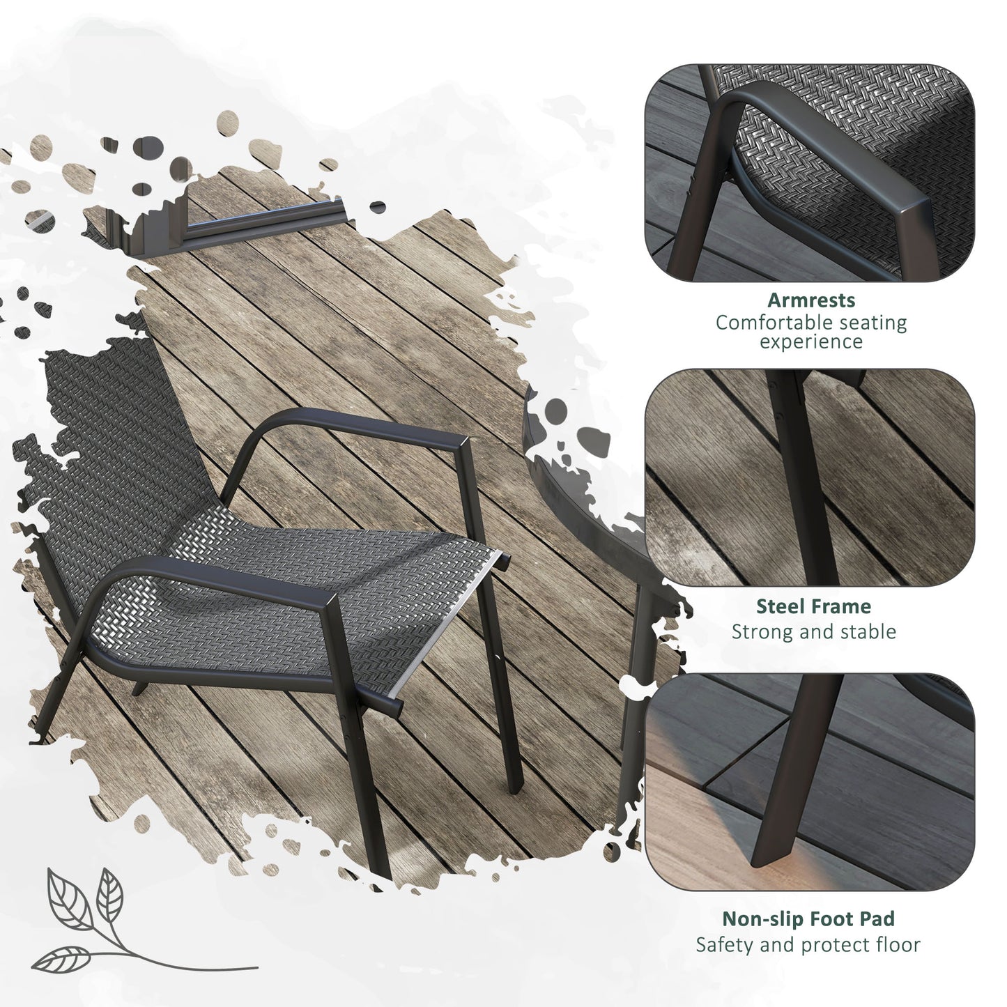 Stackable Outdoor Rattan Chairs Set of 4 with Armrests and Backrest, Grey