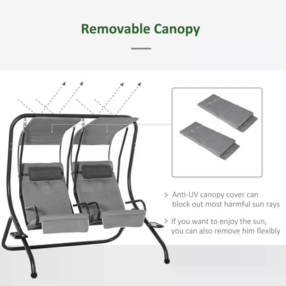 Double Seat Swing Chair Modern Garden Swing w/ 2 Separate Relax Chairs, Handrails, Headrests and Removable Canopy, Grey