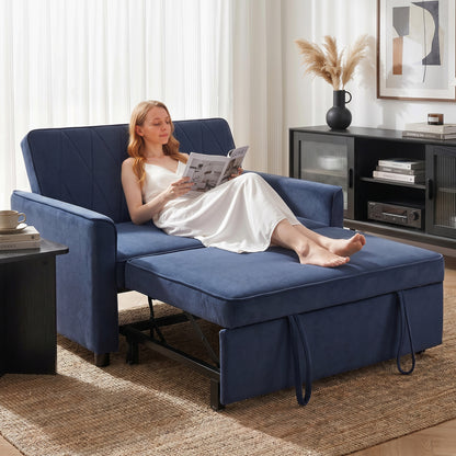 2 Seater Sofa Bed, 3-in-1 Convertible Pull Out Sleeper Sofa, Velvet Loveseat Bed Settee with Clik-Clack Adjustable Backrest, High-Density Foam for Living Room, Bedroom, Guest Room, Dark Blue