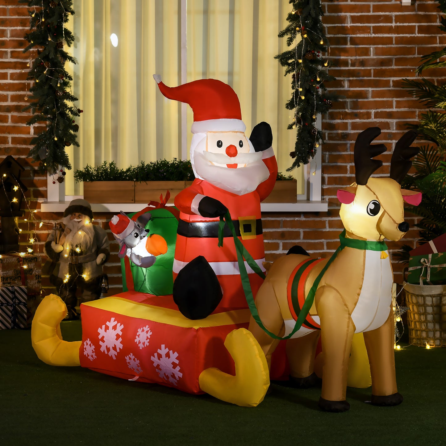 Inflatable Santa Claus with Sled and Reindeer Xmas Décor LED Lights
