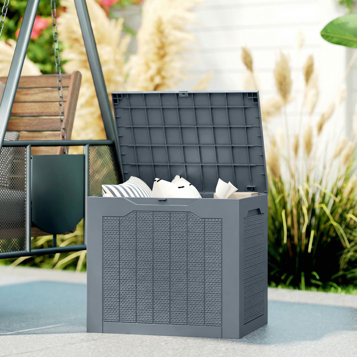 93L Plastic Garden Storage Box, Storage Container w/ Handles, Grey