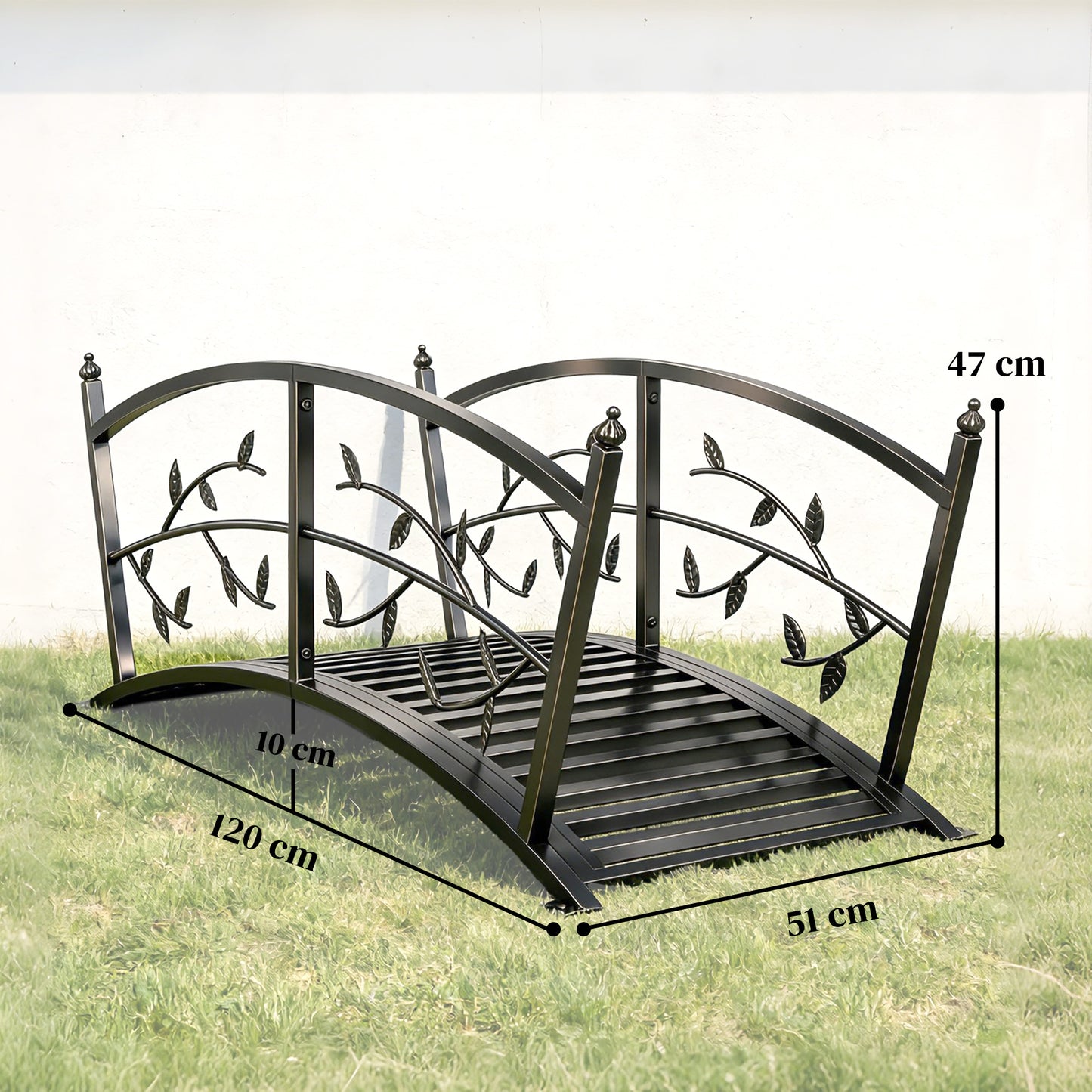 1.2M Metal Garden Bridge with Safety Railings, Outdoor Pond Bridge