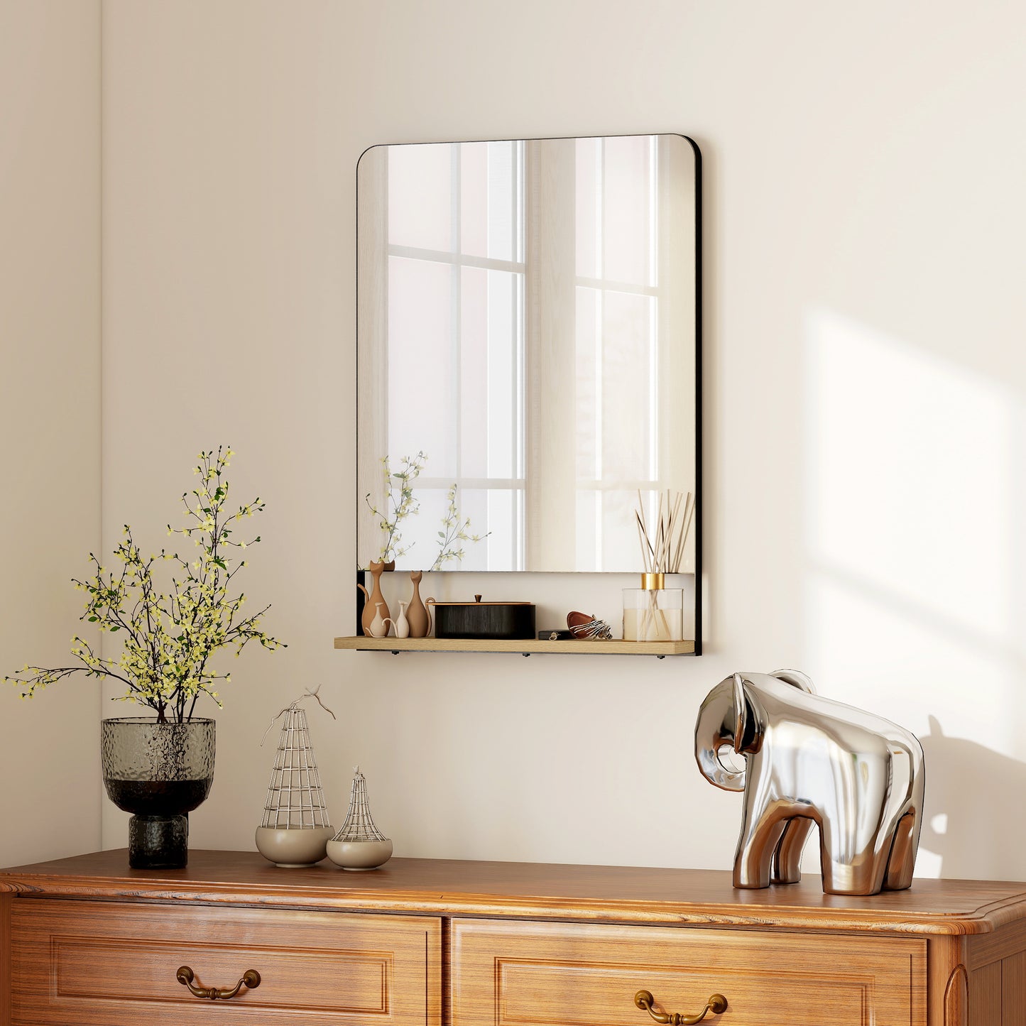Decorative Mirror with Wood Shelf, Industrial Wall Mirror, Black