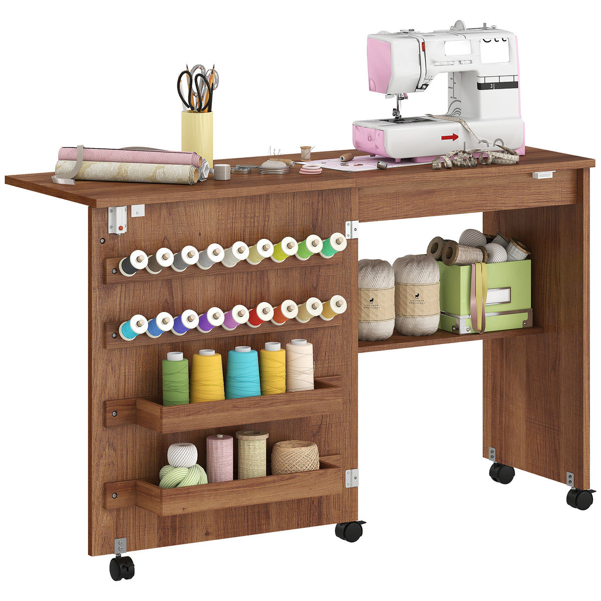 Folding Sewing Table, Craft Table with Storage compartments, Brown