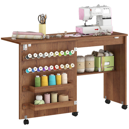 Folding Sewing Table, Craft Table with Storage compartments, Brown